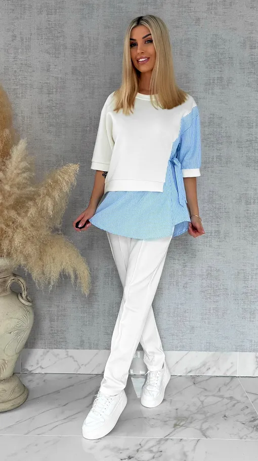 Oryginalny komplet ECRU z koszulową wstawką bluza + spodnie ONE SIZE - R893A