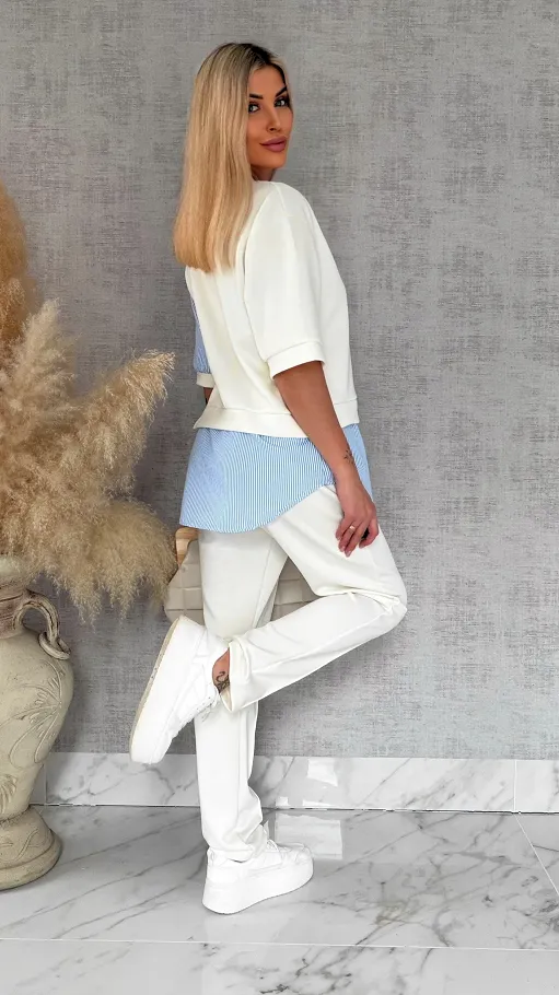 Oryginalny komplet ECRU z koszulową wstawką bluza + spodnie ONE SIZE - R893A