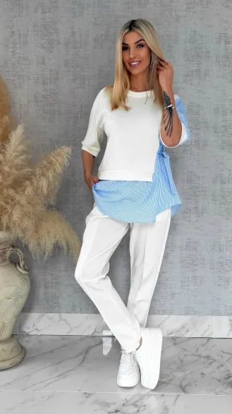 Oryginalny komplet ECRU z koszulową wstawką bluza + spodnie ONE SIZE - R893A