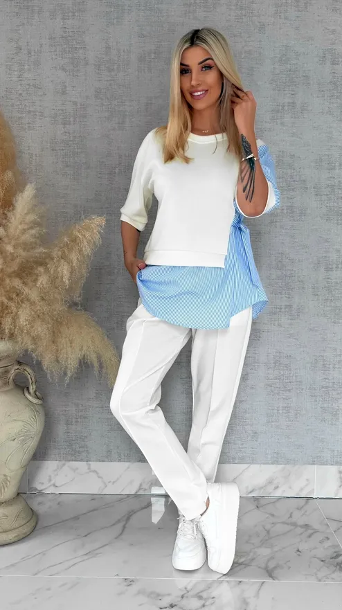 Oryginalny komplet ECRU z koszulową wstawką bluza + spodnie ONE SIZE - R893A