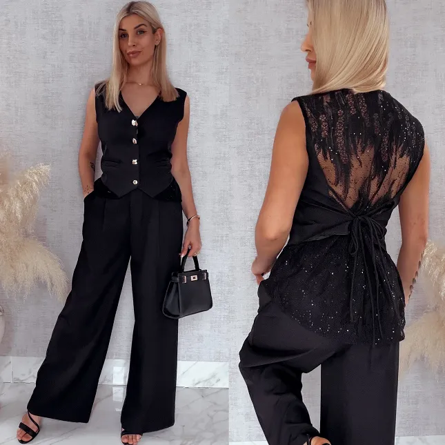 Oryginalny czarny komplet kamizelka z koronką + spodnie - R826