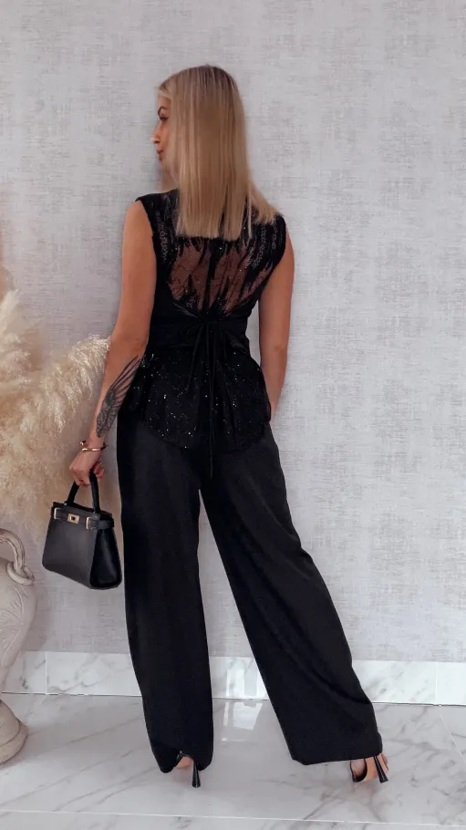Oryginalny czarny komplet kamizelka z koronką + spodnie - R826