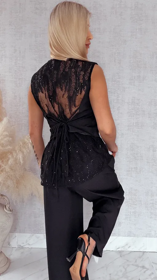 Oryginalny czarny komplet kamizelka z koronką + spodnie - R826