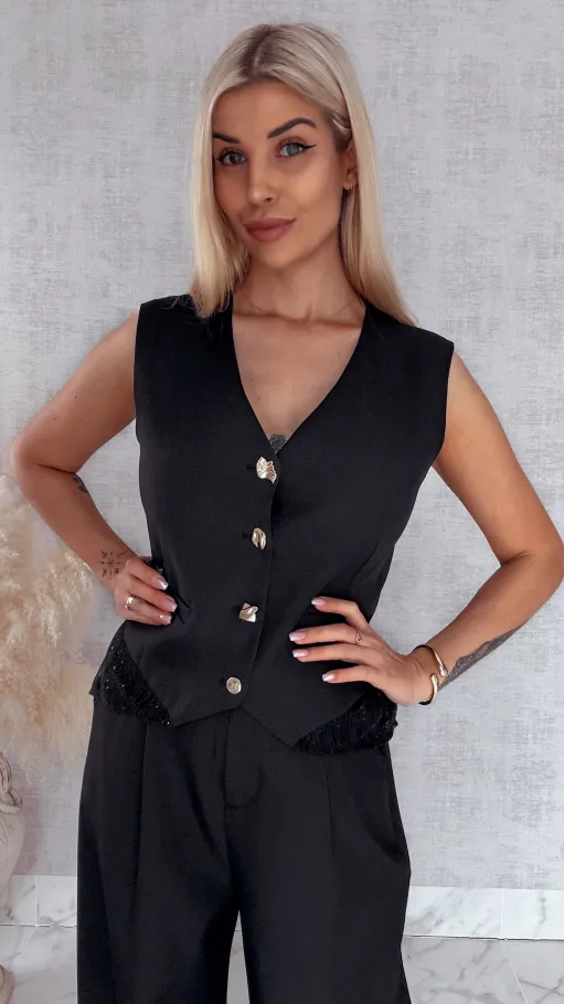 Oryginalny czarny komplet kamizelka z koronką + spodnie - R826