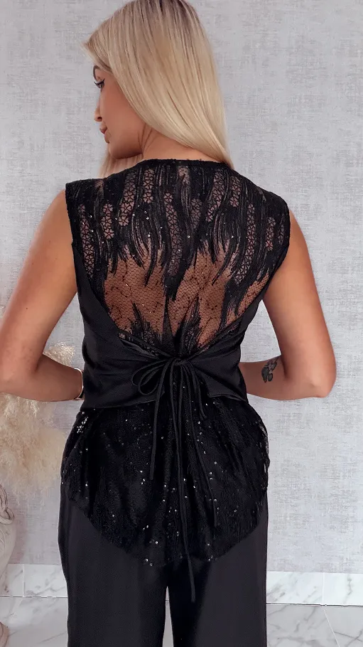 Oryginalny czarny komplet kamizelka z koronką + spodnie - R826