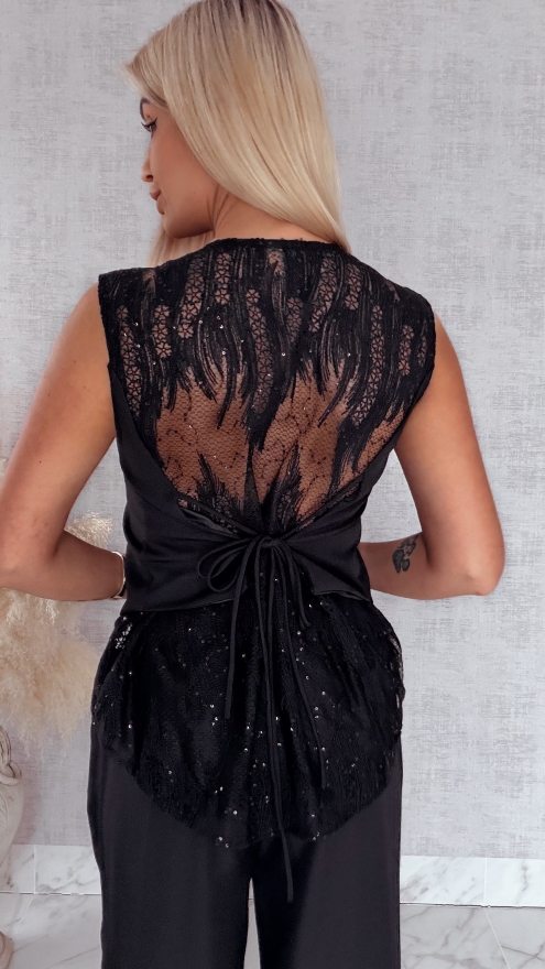 Oryginalny czarny komplet kamizelka z koronką + spodnie - R826