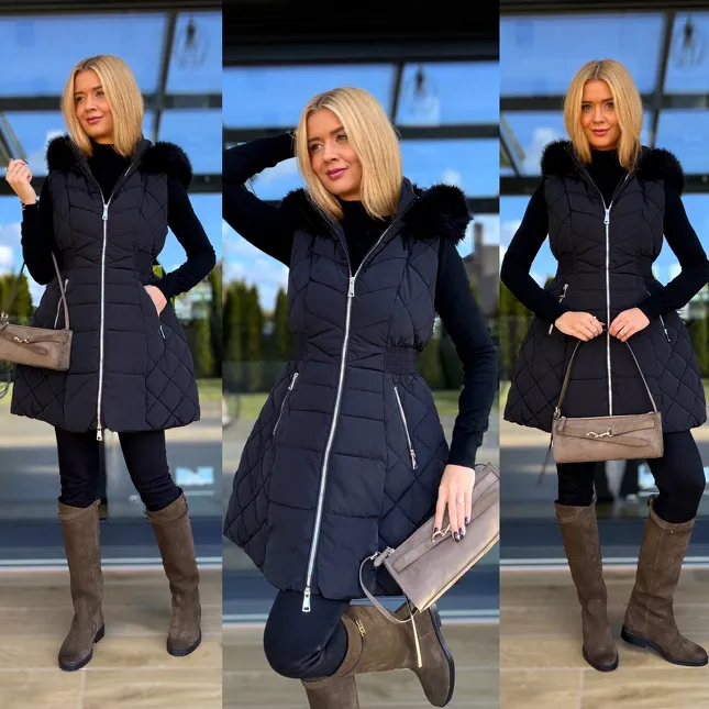 Pikowana rozkloszowana kamizelka z kapturem BLACK - R229