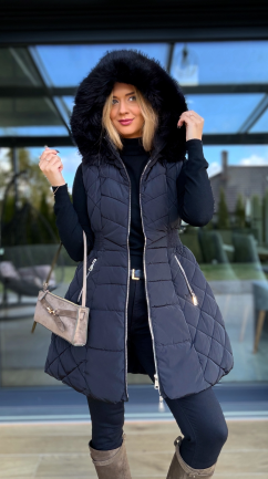 Pikowana rozkloszowana kamizelka z kapturem BLACK - R229