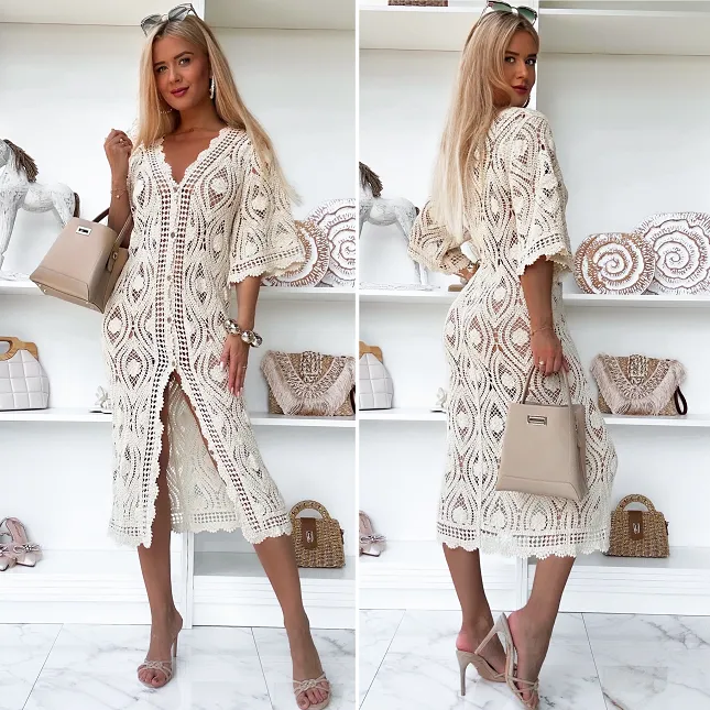 Sukienka szydełkowa bawełniana narzutka na guziki JASNY BEŻ one size - R923A
