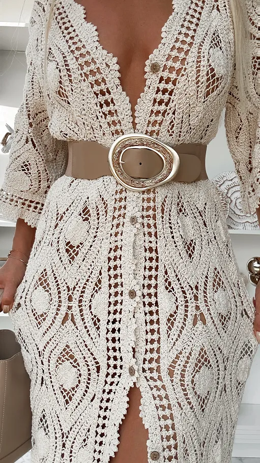 Sukienka szydełkowa bawełniana narzutka na guziki JASNY BEŻ one size - R923A