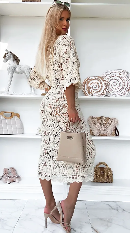 Sukienka szydełkowa bawełniana narzutka na guziki JASNY BEŻ one size - R923A