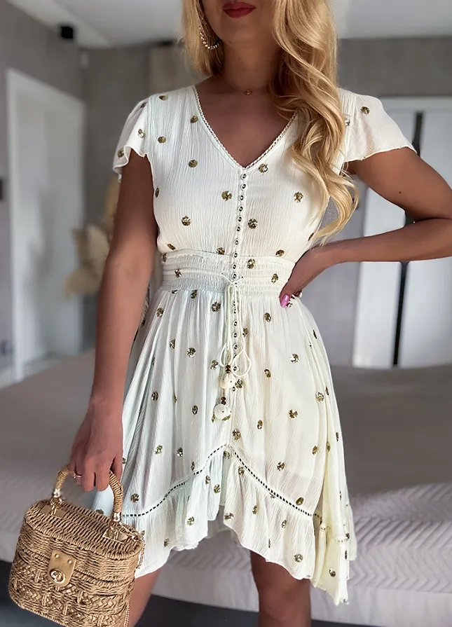 PREMIUM letnia sukienka DUO kolor w ZŁOTE grochy z cekinów PUDROWY BŁĘKIT/ECRU - N110A