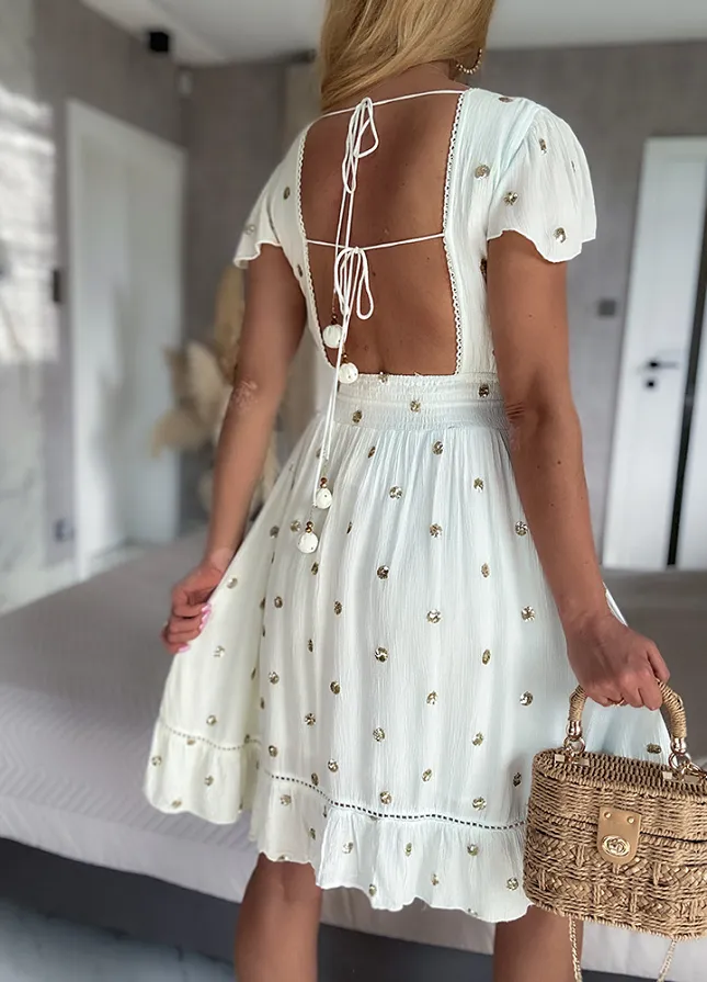 PREMIUM letnia sukienka DUO kolor w ZŁOTE grochy z cekinów PUDROWY BŁĘKIT/ECRU - N110A