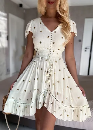 PREMIUM letnia sukienka DUO kolor w ZŁOTE grochy z cekinów PUDROWY BŁĘKIT/ECRU - N110A