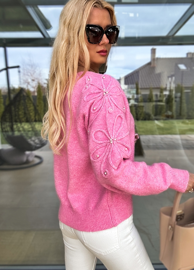 Klasyczny elegancki sweter zdobiony perełkami MELANŻOWY róż - M737A