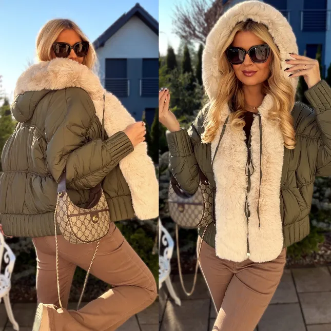 Lekka kurtka zimowa z futerkiem w stylu bomberka KHAKI - R303A