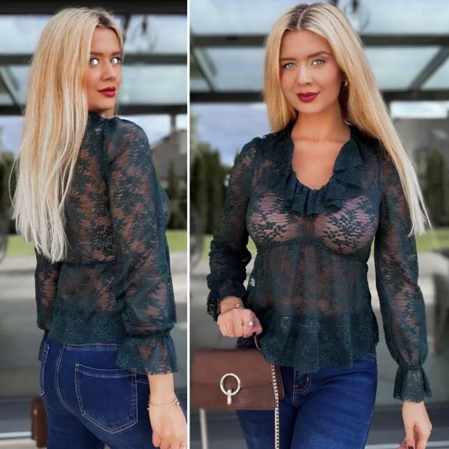 Koronkowa bluzka w kolorze butelkowej zieleni ONE SIZE - R104A