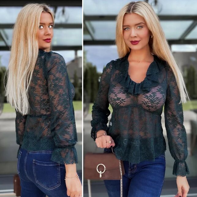 Koronkowa bluzka w kolorze butelkowej zieleni ONE SIZE - R104A