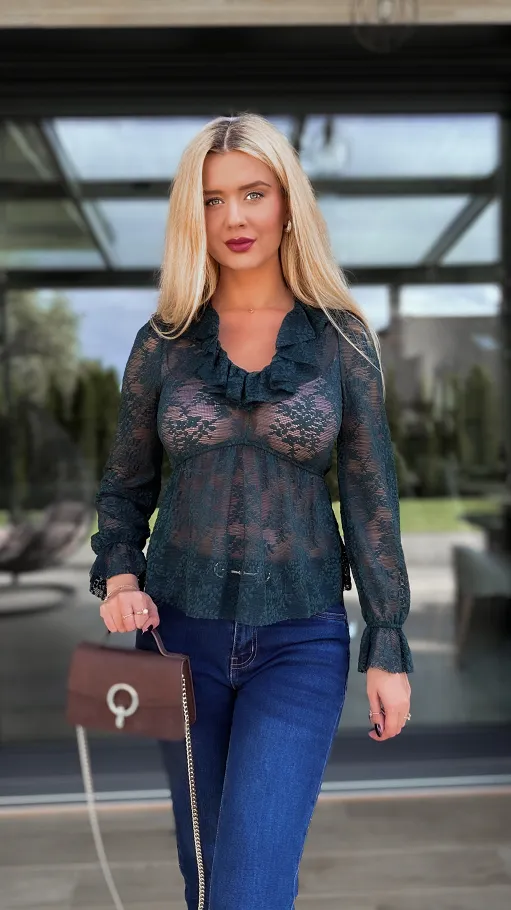 Koronkowa bluzka w kolorze butelkowej zieleni ONE SIZE - R104A