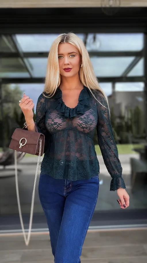 Koronkowa bluzka w kolorze butelkowej zieleni ONE SIZE - R104A