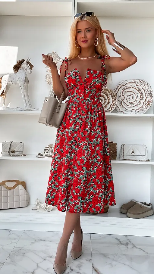 Letnia sukienka w czerwone kwiaty cała zapinana ONE SIZE - P810