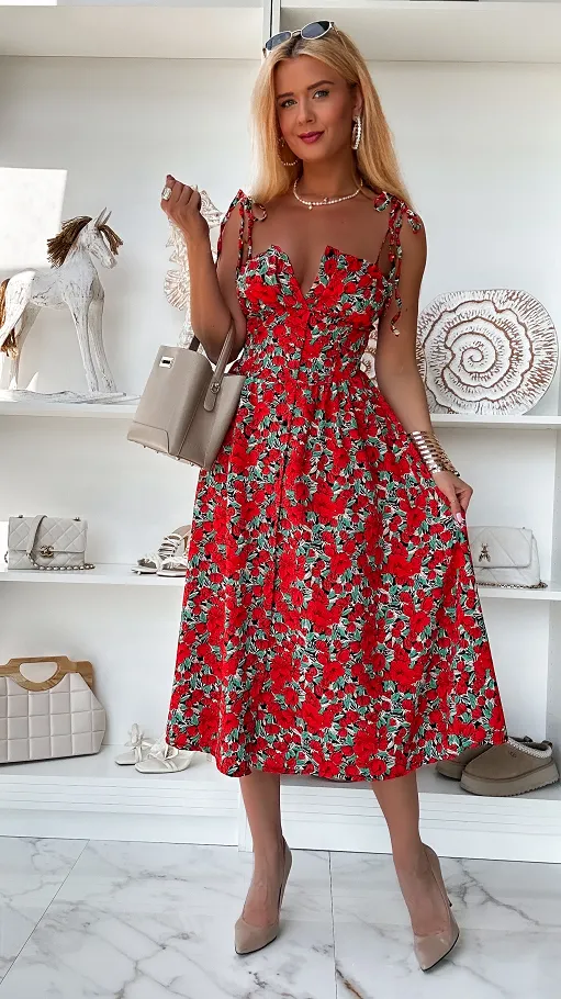 Letnia sukienka w czerwone kwiaty cała zapinana ONE SIZE - P810