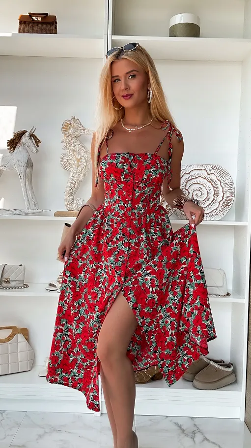 Letnia sukienka w czerwone kwiaty cała zapinana ONE SIZE - P810