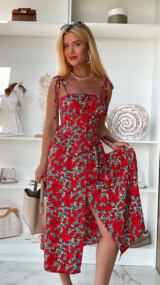 Letnia sukienka w czerwone kwiaty cała zapinana ONE SIZE - P810