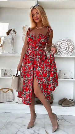 Letnia sukienka w czerwone kwiaty cała zapinana ONE SIZE - P810