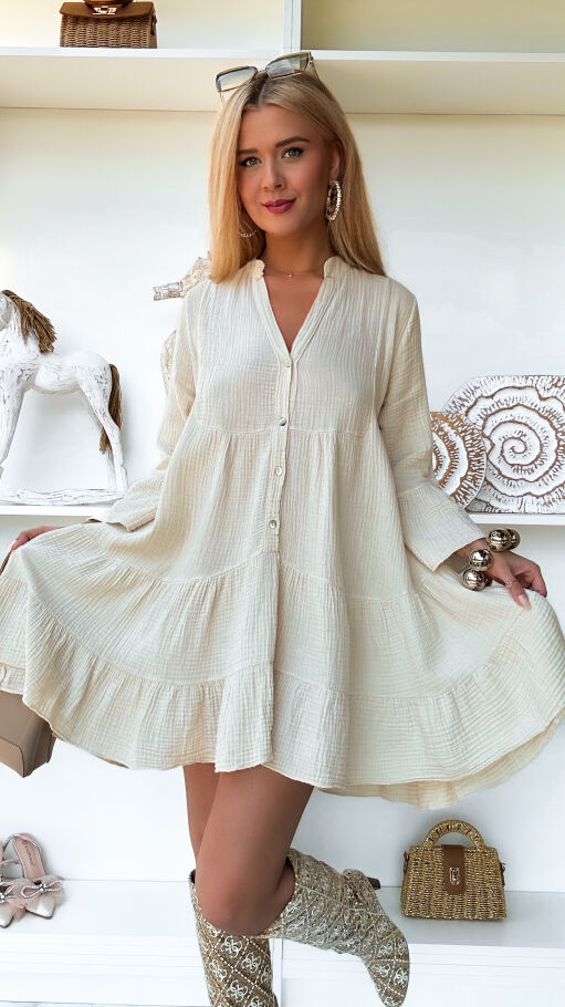 Beżowa muślinowa sukienka z bawełny ONE SIZE - P904B