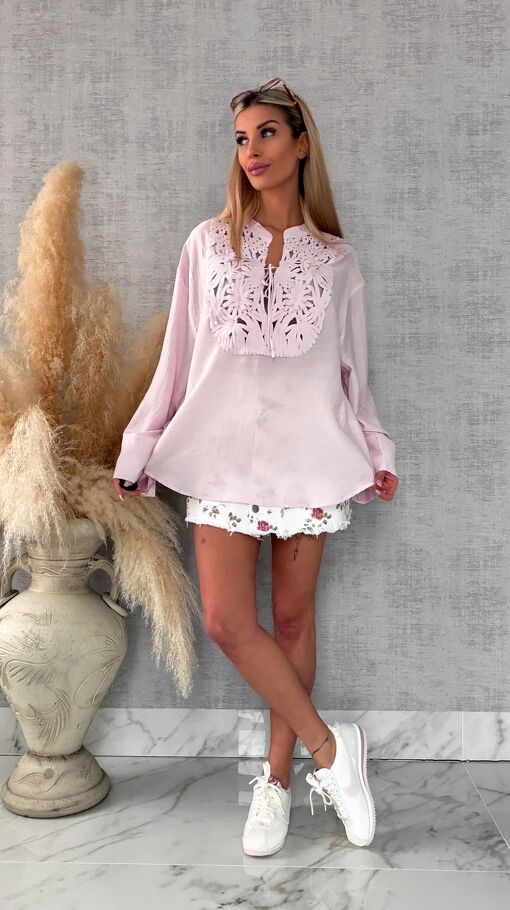 Asymetryczna różowa bluzka koszulowa w stylu boho ONE SIZE - R686