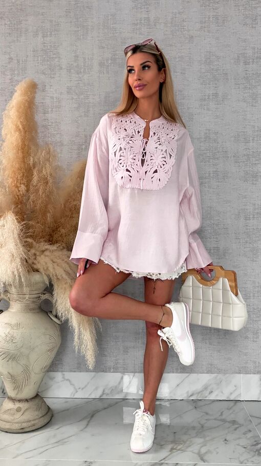 Asymetryczna różowa bluzka koszulowa w stylu boho ONE SIZE - R686
