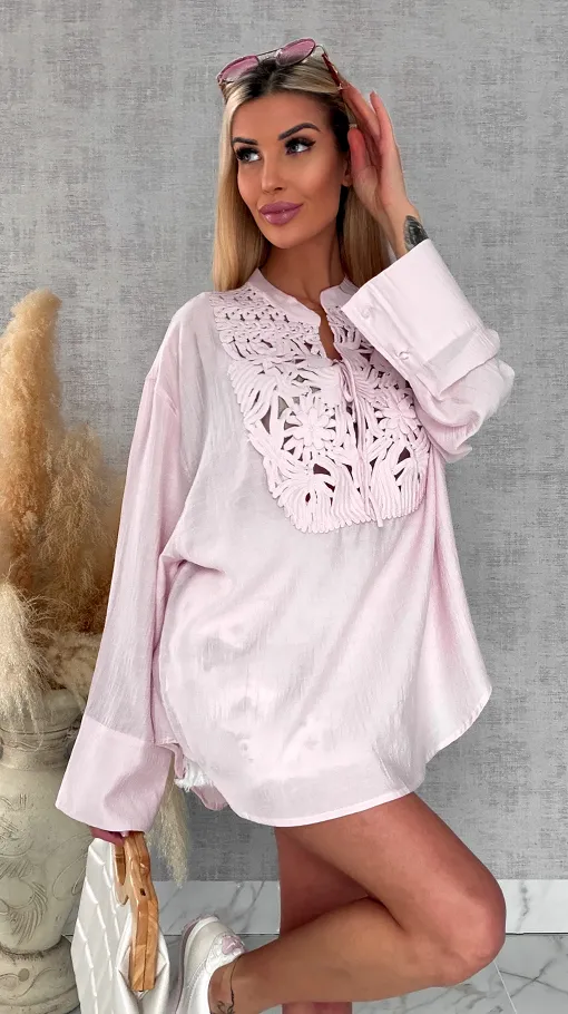 Asymetryczna różowa bluzka koszulowa w stylu boho ONE SIZE - R686