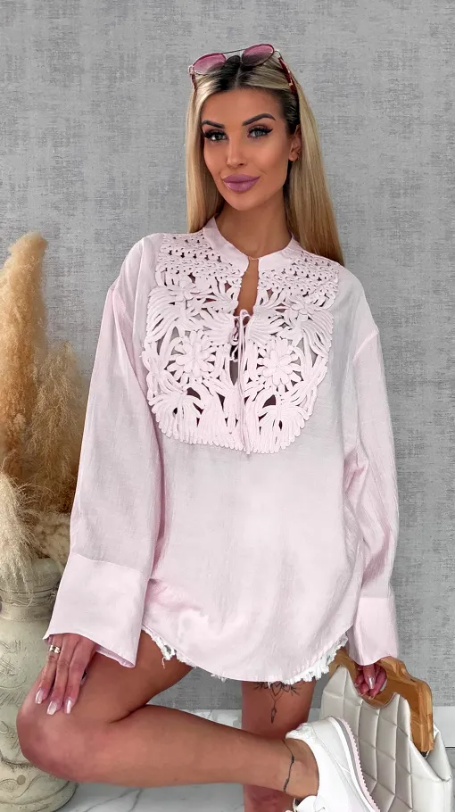 Asymetryczna różowa bluzka koszulowa w stylu boho ONE SIZE - R686
