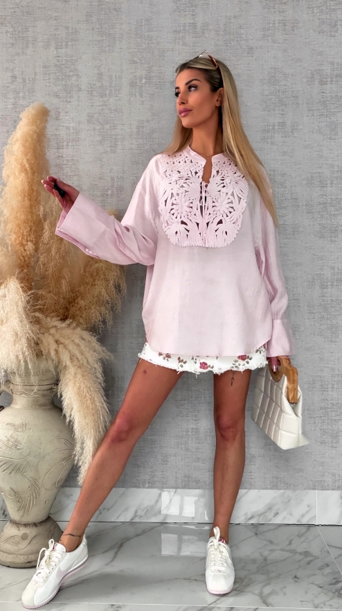 Asymetryczna różowa bluzka koszulowa w stylu boho ONE SIZE - R686