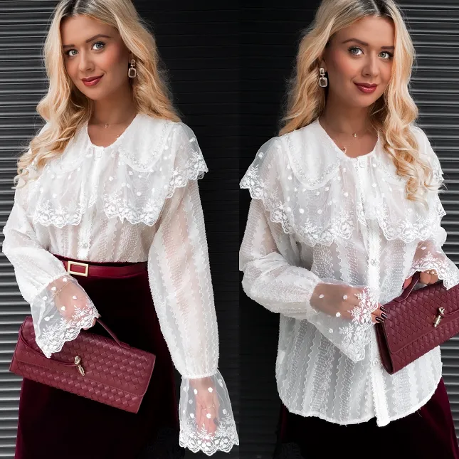 Biała koronkowa koszula z ozdobnym kołnierzykiem ONE SIZE - R377