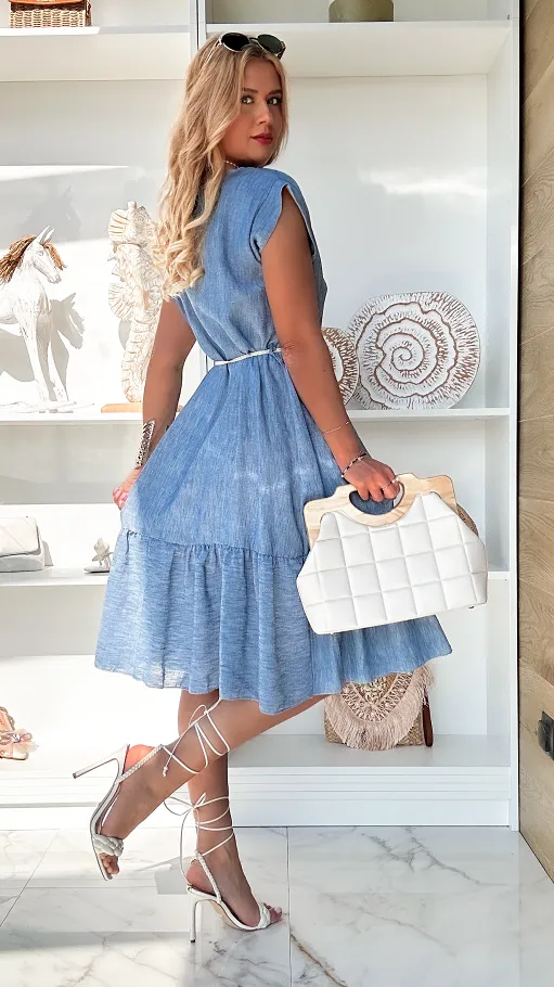 Niebieska sukienka na guziki z plecionym paskiem ONE SIZE - P858B
