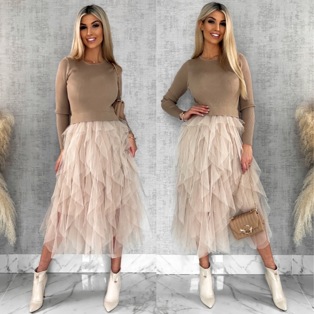 Stylowa beżowa sukienka dzianinowa z tiulem ONE SIZE - R543
