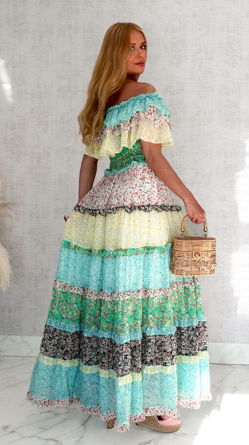 Maxi długa sukienka hiszpanka MULTI kolor w kwiatuszki YELLOW - S065A