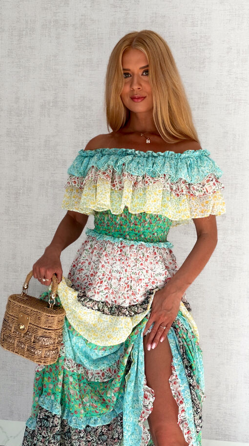 Maxi długa sukienka hiszpanka MULTI kolor w kwiatuszki YELLOW - S065A
