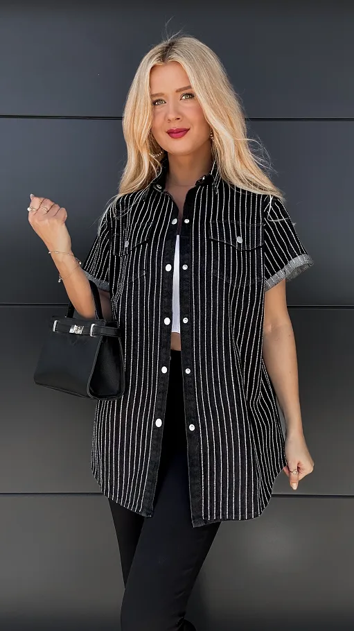Czarna jeansowa koszula w cyrkonie ONE SIZE z paskiem - P192A