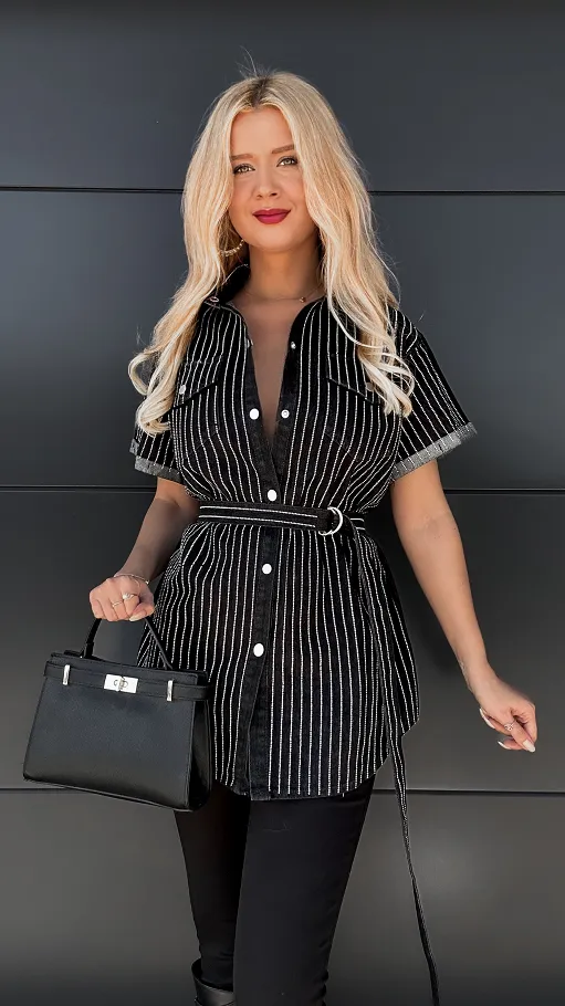 Czarna jeansowa koszula w cyrkonie ONE SIZE z paskiem - P192A