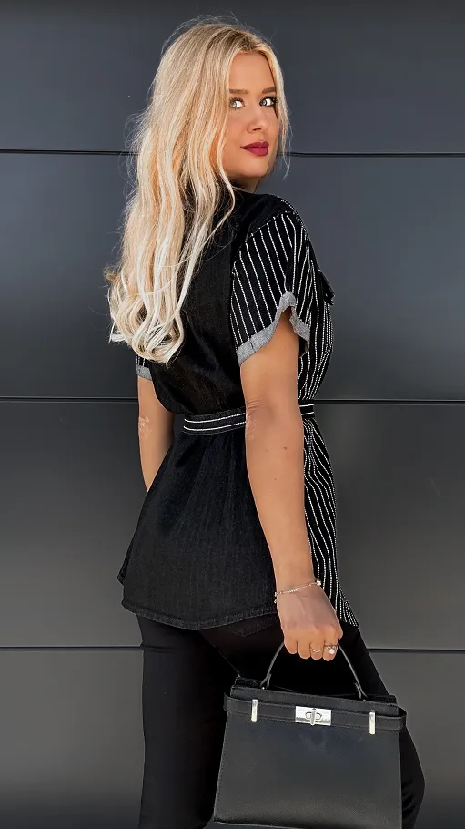 Czarna jeansowa koszula w cyrkonie ONE SIZE z paskiem - P192A