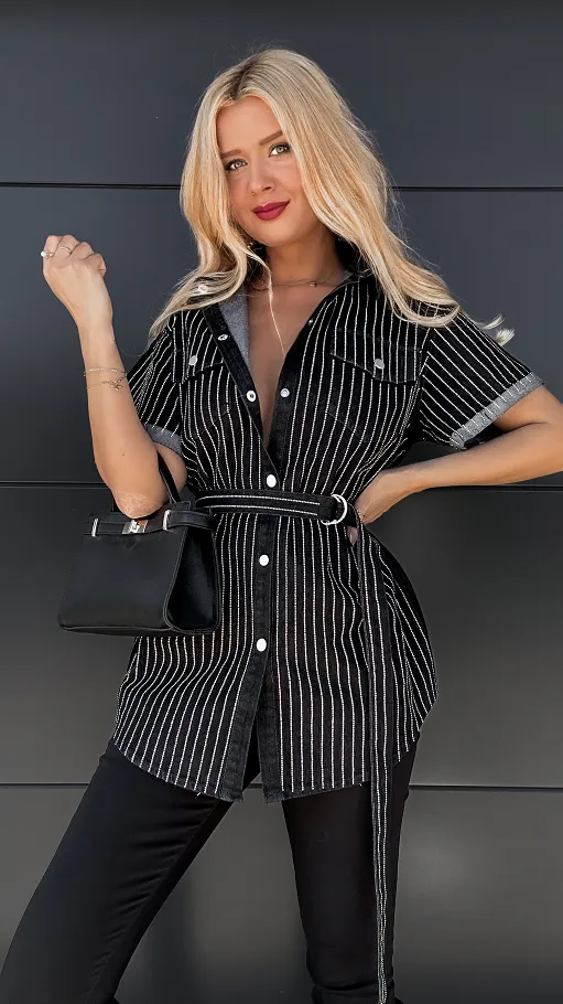 Czarna jeansowa koszula w cyrkonie ONE SIZE z paskiem - P192A