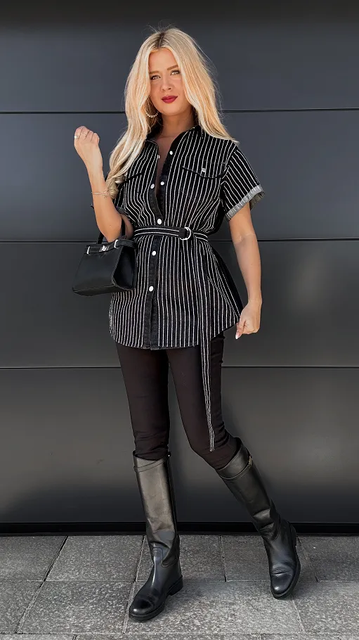 Czarna jeansowa koszula w cyrkonie ONE SIZE z paskiem - P192A