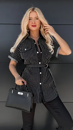 Czarna jeansowa koszula w cyrkonie ONE SIZE z paskiem - P192A