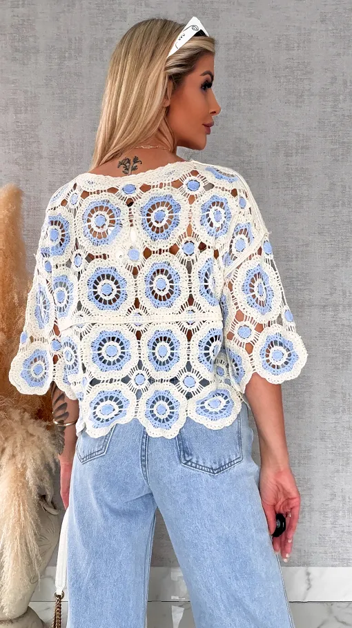 Lekki ażurowy sweterek w szydełkowym stylu BLUE - R691