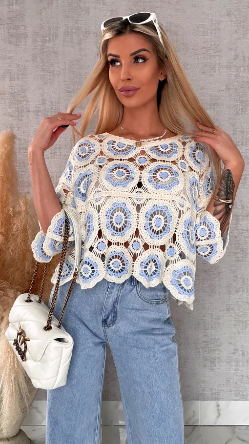 Lekki ażurowy sweterek w szydełkowym stylu BLUE - R691