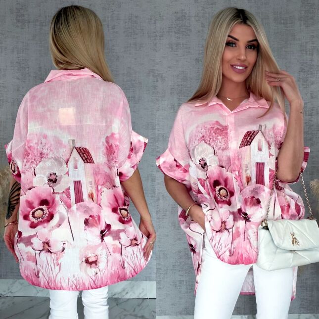 Asymetryczna różowa koszula z domkiem ONE SIZE - R953