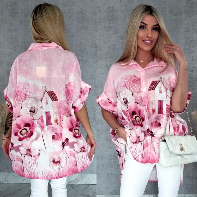 Asymetryczna różowa koszula z domkiem ONE SIZE - R953